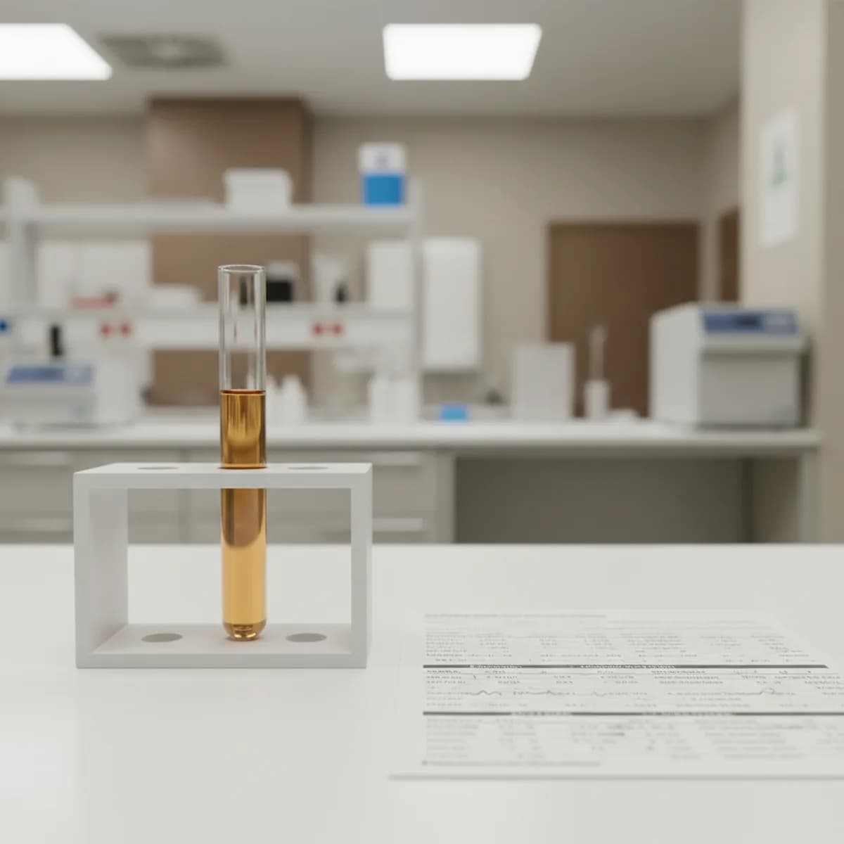 Serumprobe im Reagenzglas auf einem Labortisch mit einem Laborausdruck mit Messwerten im Hintergrund.
