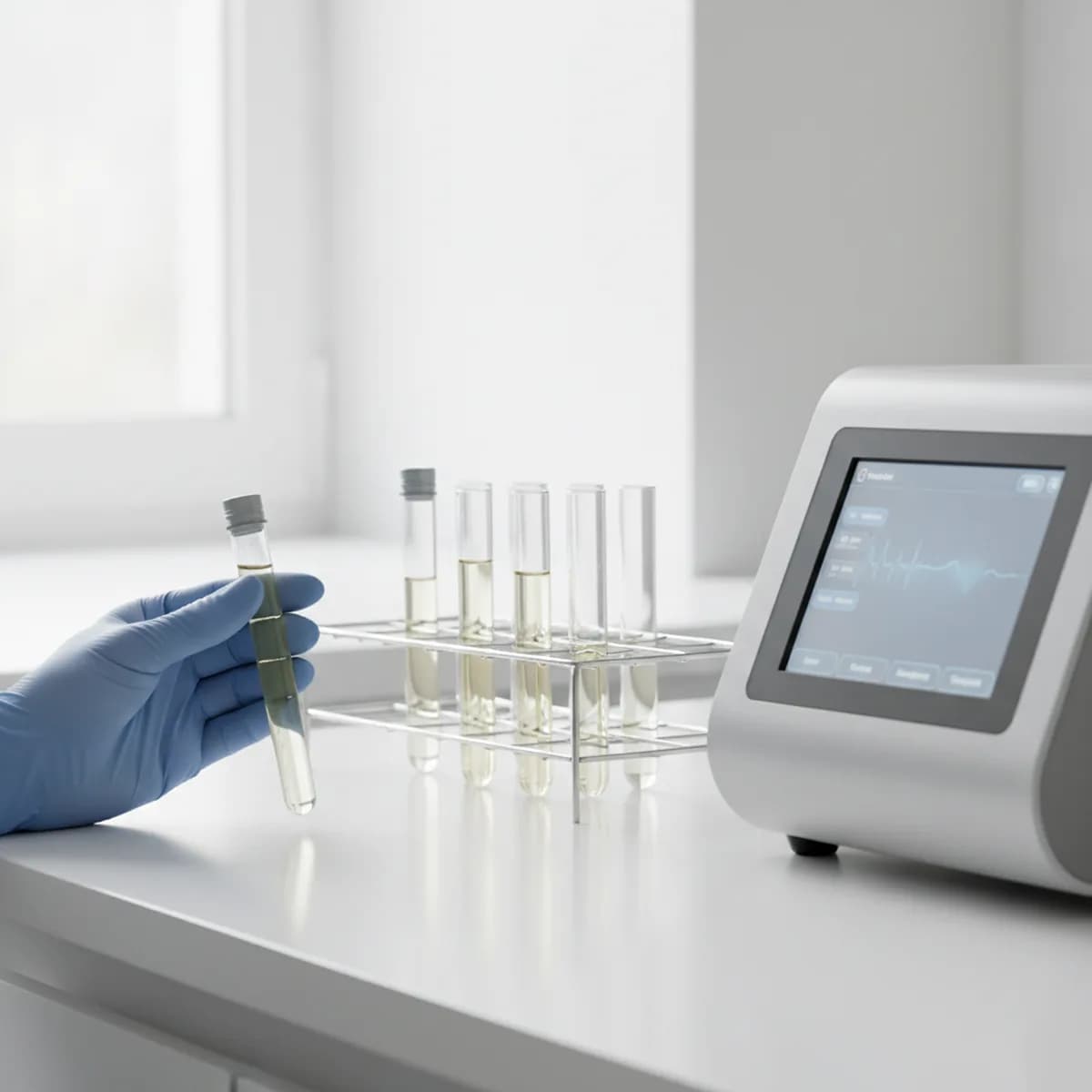 Behandschuhte Hand hält ein Serumröhrchen im medizinischen Diagnostiklabor mit Analysegerät im Hintergrund.