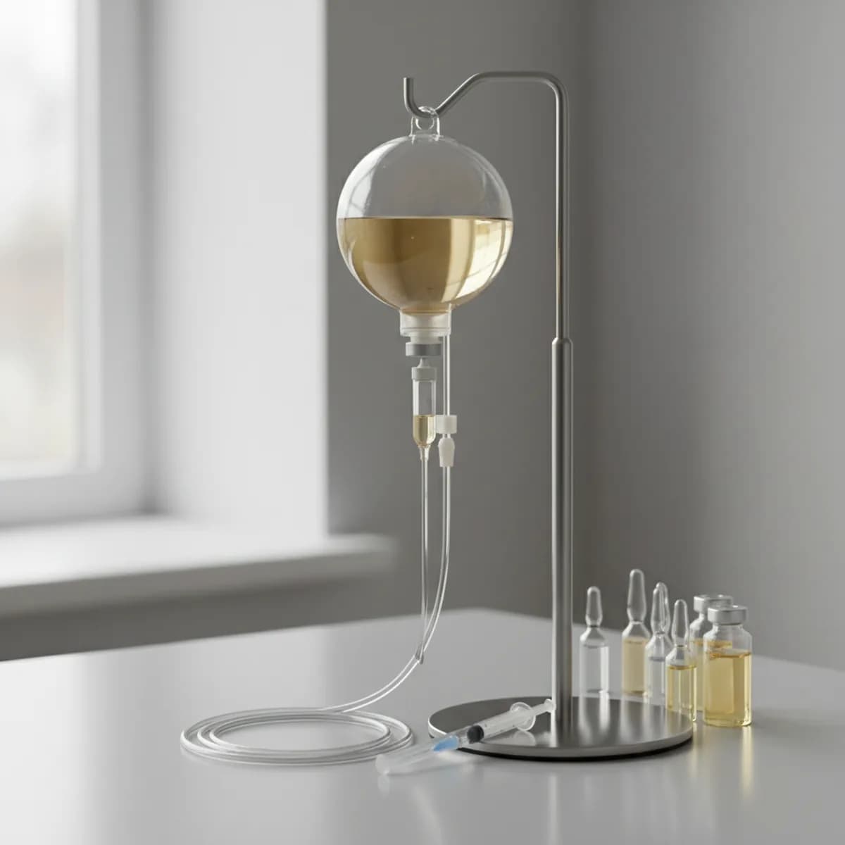 Klarer Infusionsbeutel mit gelblicher Lösung an einem Ständer, daneben beschriftungsfreie Glasampullen und Spritzen auf grauem Untergrund in ruhiger Praxisatmosphäre.