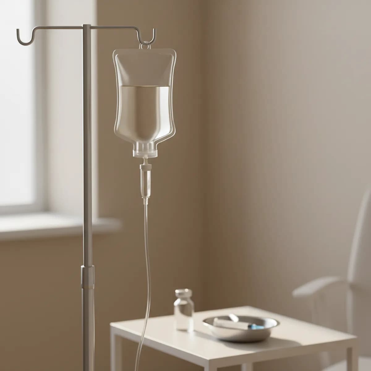 Medizinisches Infusionsset mit einem transparenten Tropfbeutel an einem Ständer in einer ruhigen Praxisumgebung.