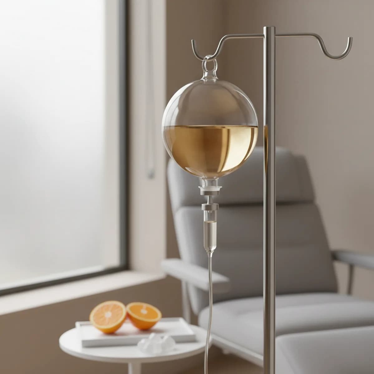 Klarer Infusionsbeutel mit gelblicher Lösung an einem Infusionsständer in einem modernen medizinischen Behandlungsraum, daneben halbierte Orangen auf einem weißen Tablett als Symbol für Vitamin C.