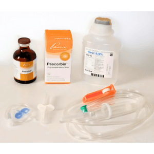 Pascorbin-Komplettset mit 100 ml Kochsalzlösung 0,9% und Venofix G23 blau